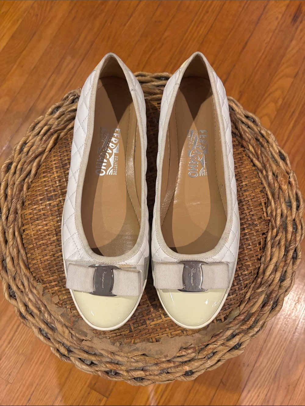 Salvatore Ferragamo Cream Quilted Vara Bow Cap-Toe Ballet Flats